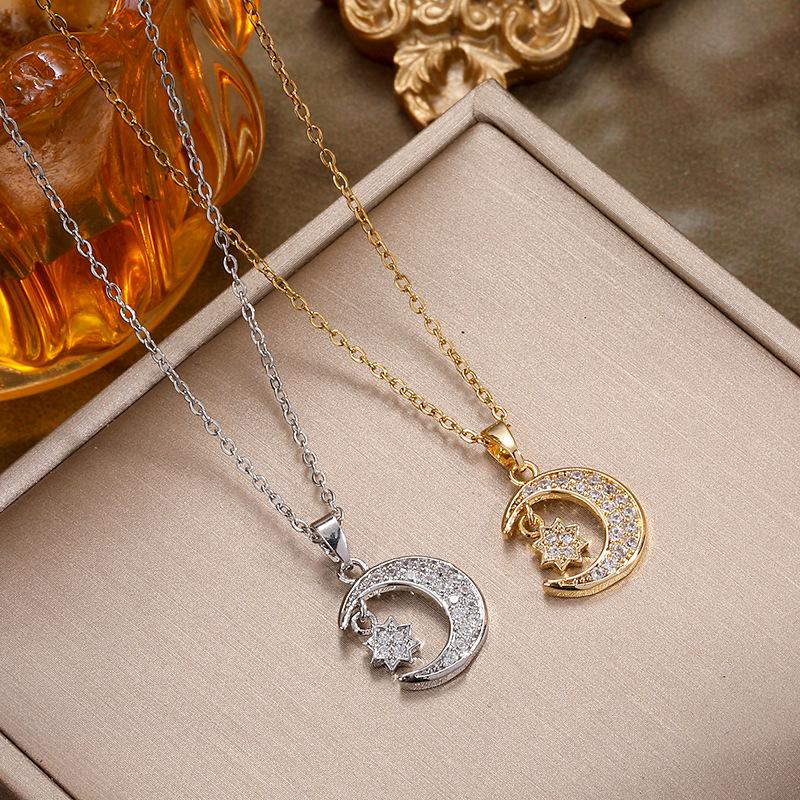 Korean Luxury Moon & Star Pendant Zirconium Titanium Necklace for Women - Versatile Clavicle Chain Jewelry