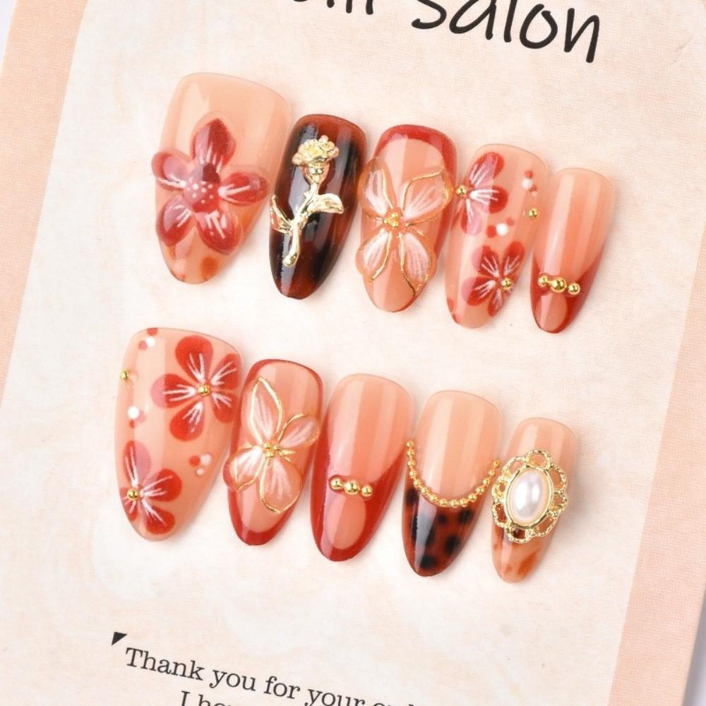 30pcs New Sweet Fake Nail Tips Pink Flower Designs French Extended Nail Extensions 3D Flower Almond Nails Gift Giving