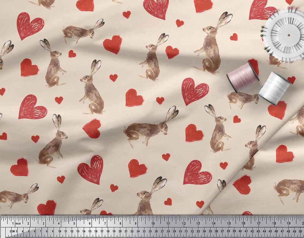 Soimoi White Japan Crepe Satin Fabric Bunny & Heart Print Sewing Fabric metre 42 Inch