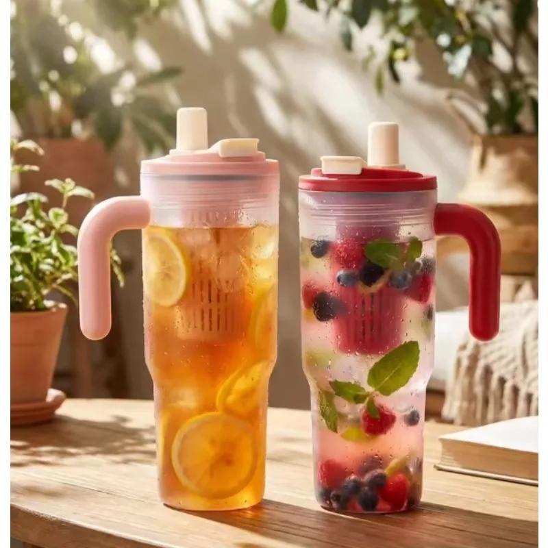 Portable Sport Drinking Bottle Transparent Plastic Water Cup with Straw&Strainer Travel Large Capacity Heat-resistant Tumbler