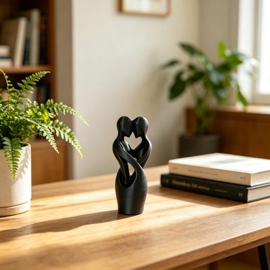 3D-Printed Minimalist Couple Ornament with Heart Cutout Smooth Delicate Lines Black White Desktop Keepsake Romantic Home Decor Gift