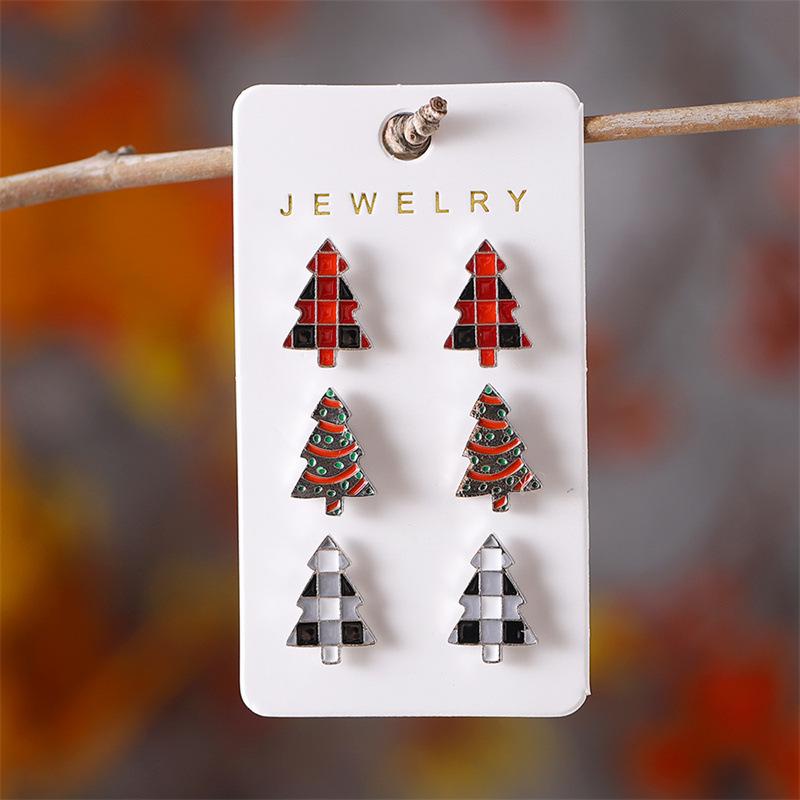 Europäischer und Amerikanischer Cartoon Weihnachtsbaum Karomuster Stecker Ohrring Set - Niedliche und Kreative Legierungs-Ohrringe