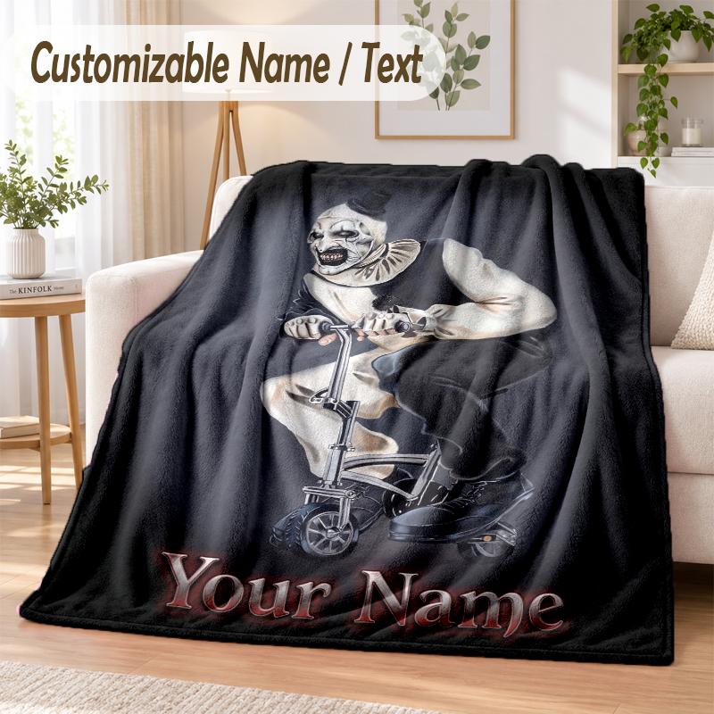 Terrifier Art the Clown Custom Name Flannel Throw Blanket Soft Warm for Sofa Bed Indoor Home Use