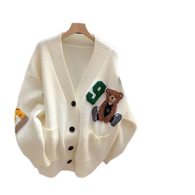 Cartoon bear knitted cardigan autumn and winter new loose and thin college style versatile age-reducing sweater jacket women