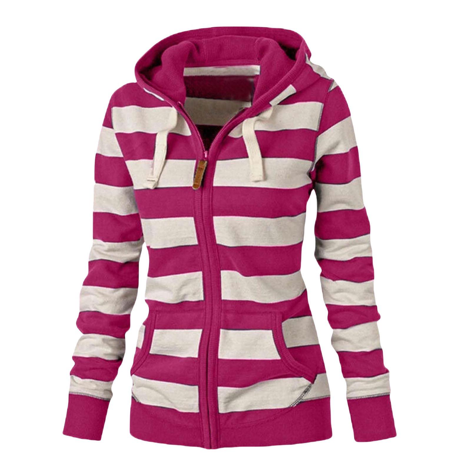 

Drawstring Women Sweatshirt Jacket Pockets Zipper Closure Sweatshirt Jacket Autumn Winter Women Striped Print Hoodie Coat XXL розовый