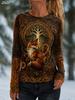 Women Fox Tree Of Life Celtic Print Long Sleeve T‑Shirt Crew Neck Casual Retro Fall Graphic Top