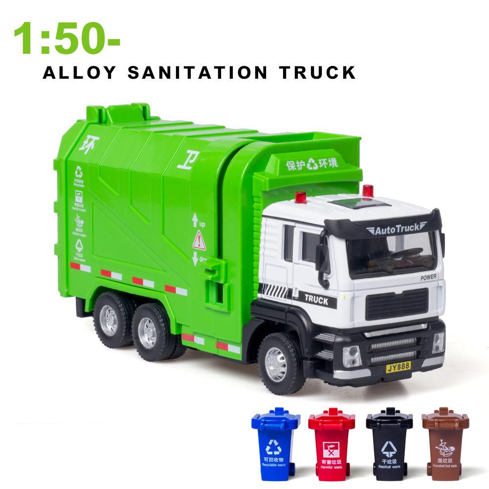 1/50 Sanitation Garbage Truck Alloy Models Cars Toys Light Sound Sprinkler Trucks Wheel Pull Back Vehicle for Boys Birthday Gift