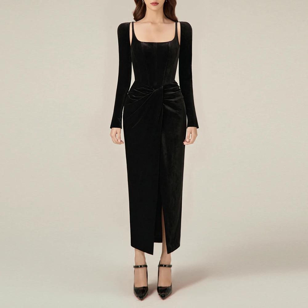 

Платье из двух частей из искусственного бархата с переплетением: Весна 2025 г. Утягивающий длинный рукав для женщин Small чёрный