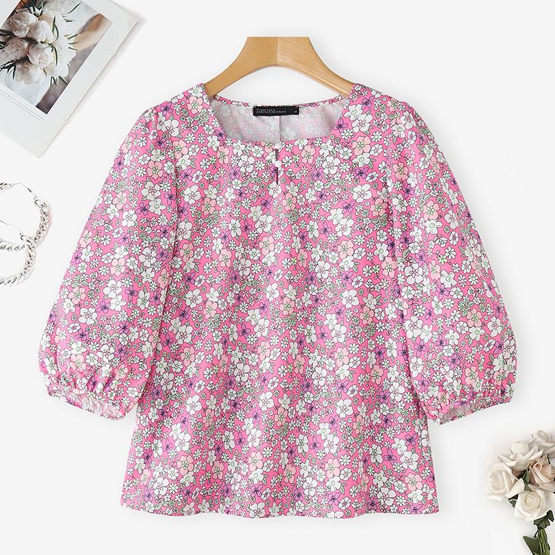 

ZANZEA Women Casual Square Neck Loose 3/4 Sleeve Floral Print Blouse S рожевий