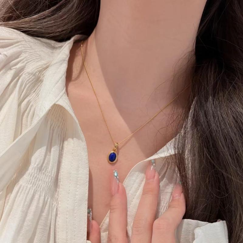 Leichter Luxus Retro High-End Ovaler Lapislazuli Halskette Ohrbügel Nische Persönlichkeit Exquisit Elegant Anzug