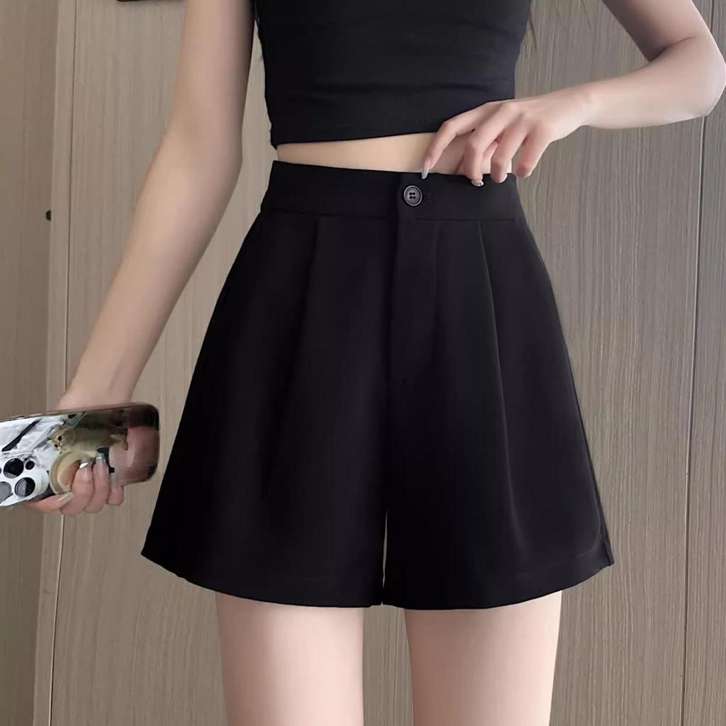 Women's 2024 French A-Line Black Summer Shorts - High Waist, Thin, Loose, Wide-Leg Design