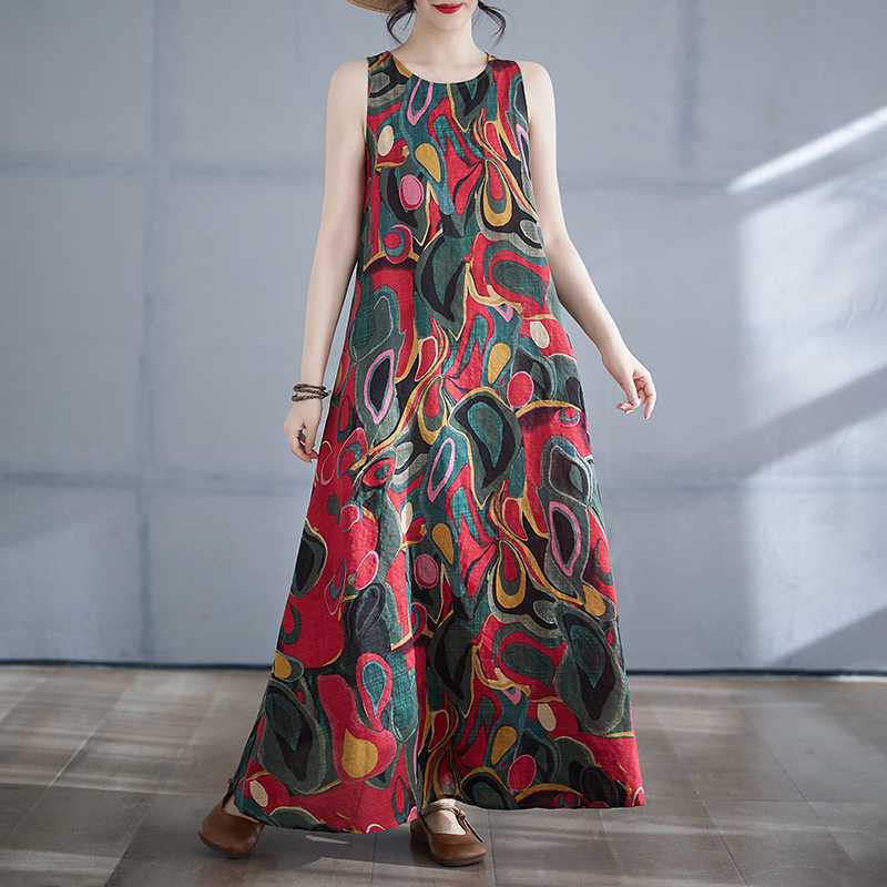 Long Skirt Summer New Sleeveless Round Neck Printed Dress