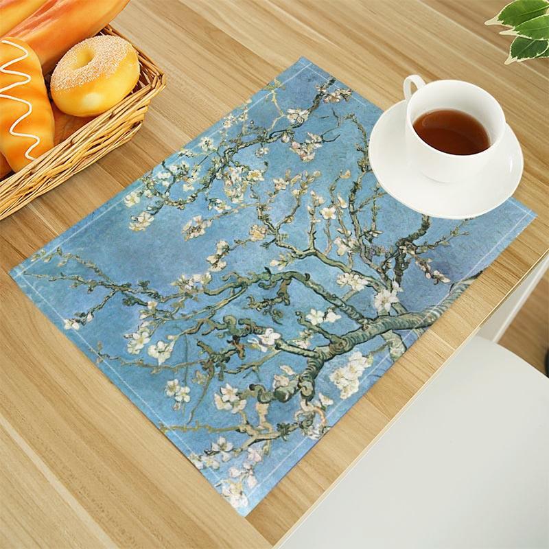 Van Gogh The Starry Night Print Linen Dining Table Mats Alphabet Kitchen Placemat 30X45cm Coasters Pads Bowl Cup Mat