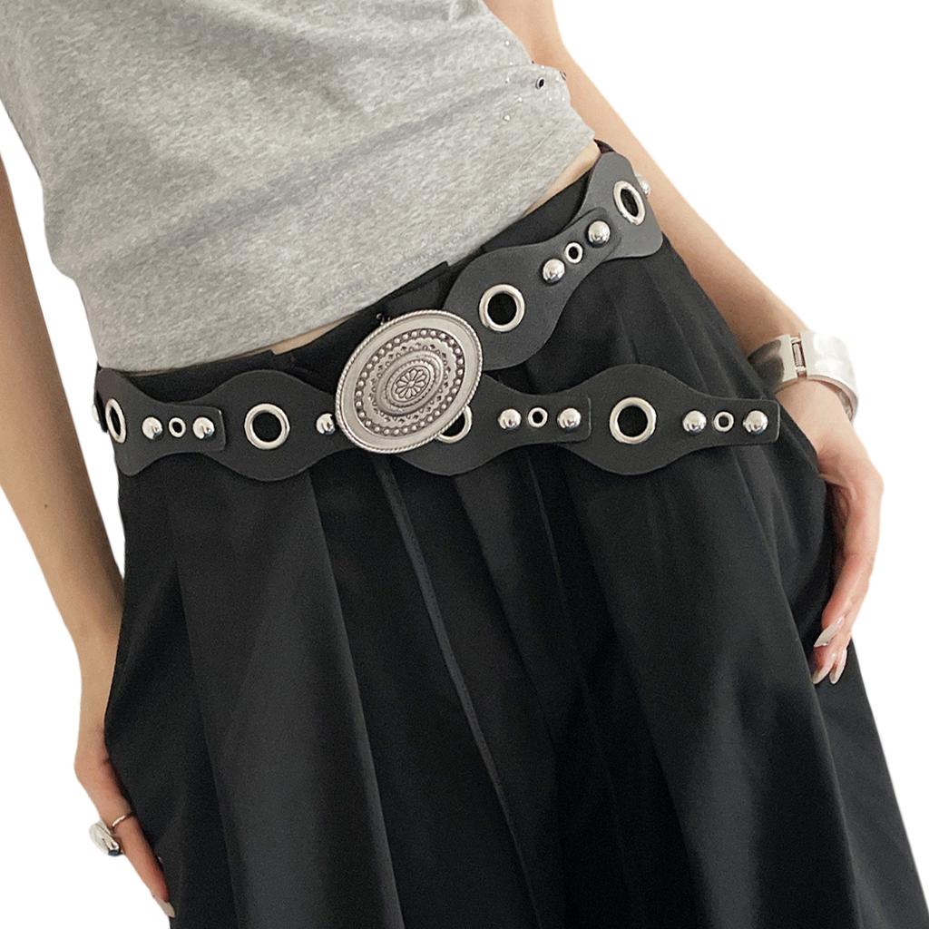 Adjustable Cowgirl Belt Retro Studded PU Leather Waist Girdle Western Charm Waist Accessory for Jeans and Dresses
