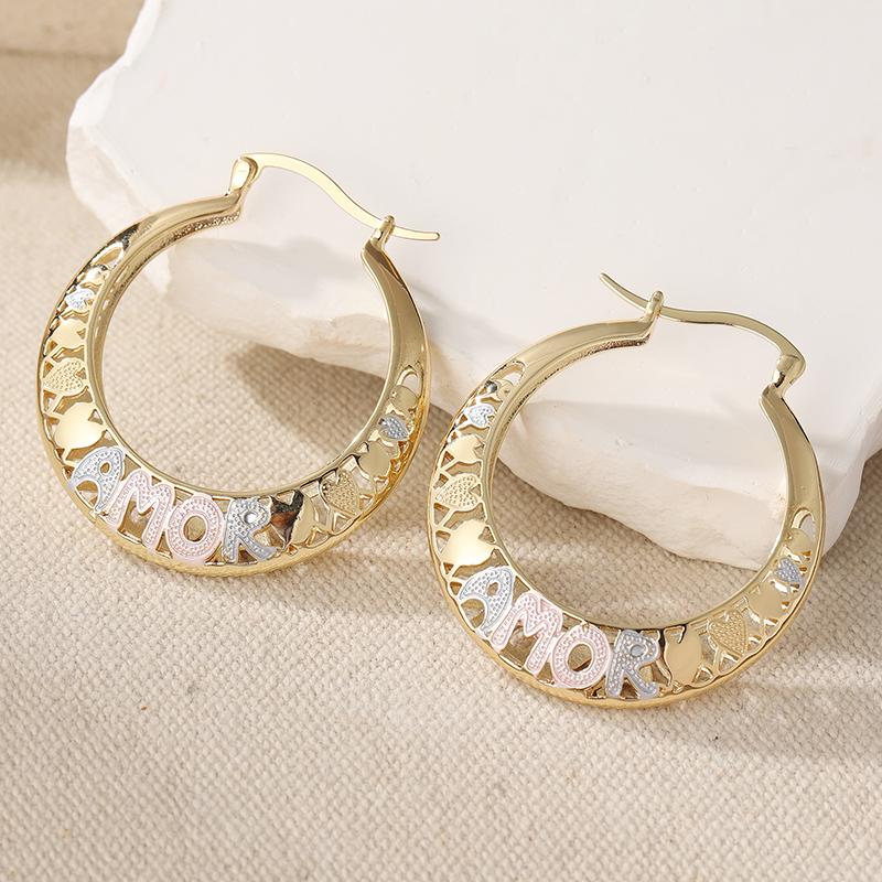 Round Golden Plated Hollow Letter Design Hoop Earrings Women's Vintage Exquiaite Jewelry Daily Festival Gifts Acessories