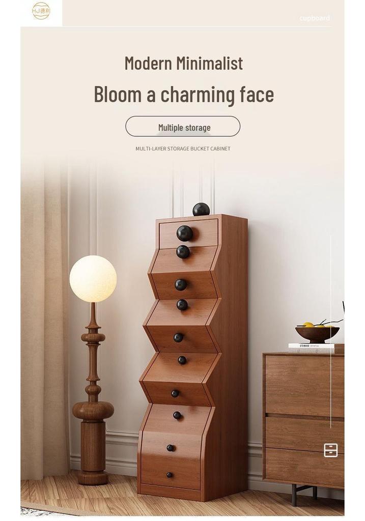 Solid Wood Irregular Five-Drawer Cabinet with Bead Design - Unique Living Room Storage Shelf