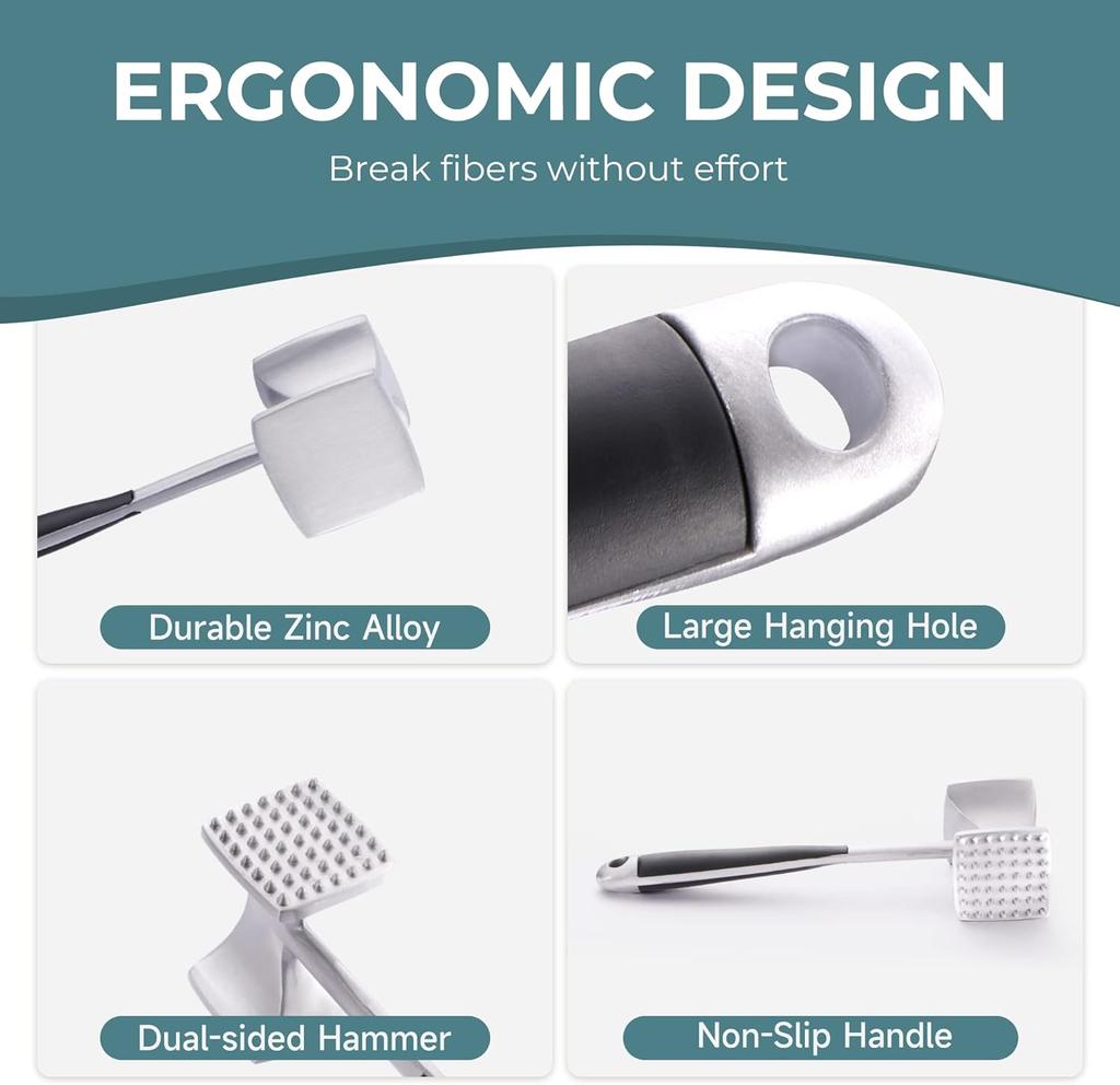 Meat Tenderizer Hammer with Comfortable-Grip Handle, Dual-side Mallet for Kitchen, Heavy Duty Pounder For Tenderizing Steak, Beef and Fish
