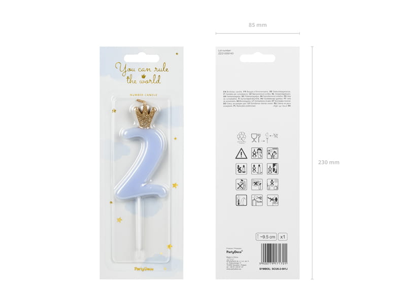 Partydeco Świeczka Urodzinowa Cyfra 2  Jasny Niebieski  9,5Cm