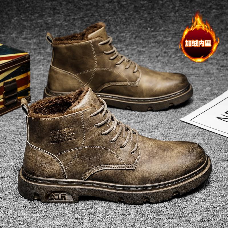 

2025 зимние взрывные хлопковые ботинки Martin, средние теплые мужские ботинки, утолщенные кожаные ботинки в стиле ретро, британские кожаные ботинки с круглым носком 39 коричневый