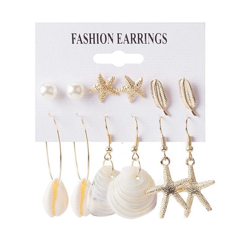 Fashion Alloy Shell Tassel Earrings, Beach Ocean Wind Conch Pearl Multi-Pair Stud Earrings
