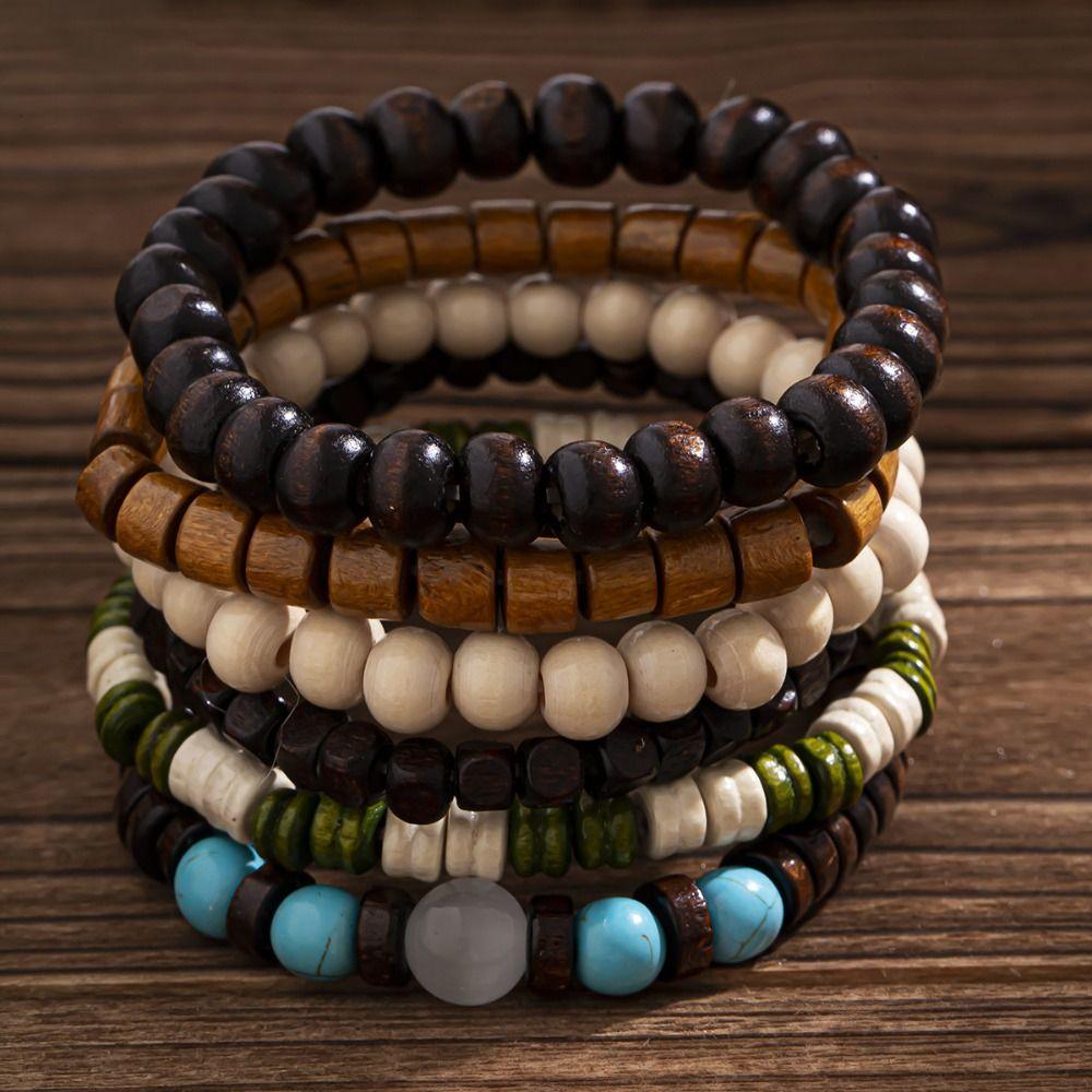 5/6 pcs/set Wood Bead Bracelet Set Bohemian Style Hand Ring Geometric Men Bracelets Male