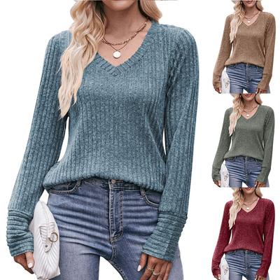Women'S Solid Color V-Neck Long Sleeve Sweater Simple Fashion With Elegant Temperament Top Pit Strip Brushed Comfortable T-Shirt