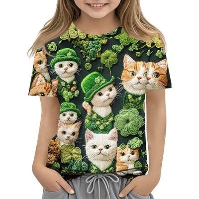 Fashionable Summer Trendy High-quality Four Leaf Clover Pattern Children's Women's Short Sleeved Round Neck T-shirt