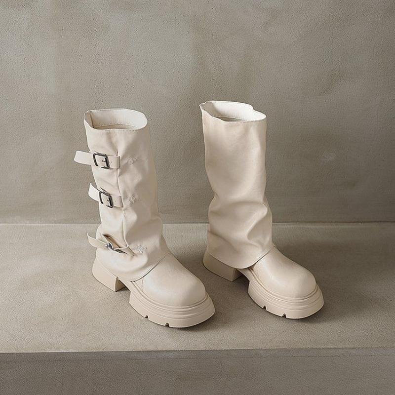 Fashion Leather Platform Mid Calf Shoes Woman Work Trend 2025 Large Size Half High Boots for Women Gyaru Gothic On Offer Waterproof Boot