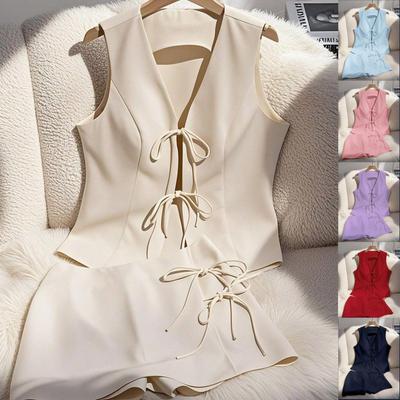 Women Sleeveless V Neck Backless Bow Tie Peplum Top High Waist Shorts Set Solid Color Casual Summer Two Piece Set