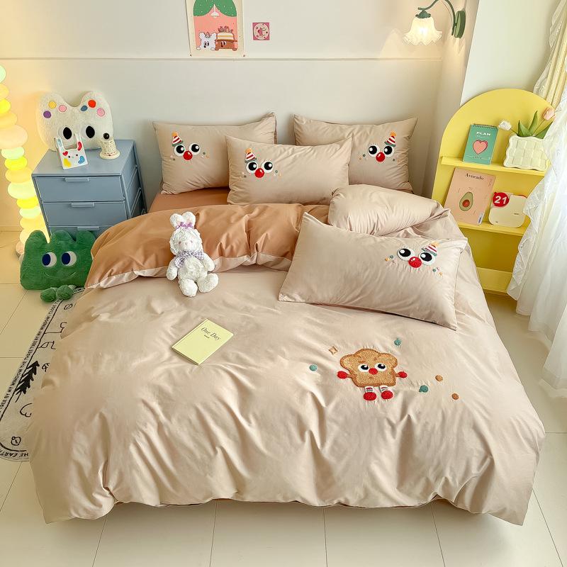 Pure Cotton Cartoon Towel Embroidered Bedding Set: Includes Quilt, Bed Sheet, and Pillowcases