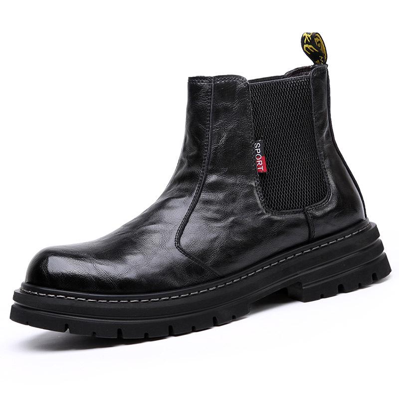 Men's Winter Martin Boots: Trendy Genuine Leather, Plush Lining, Retro Thick-Soled Chelsea Design for Warmth and Comfort.