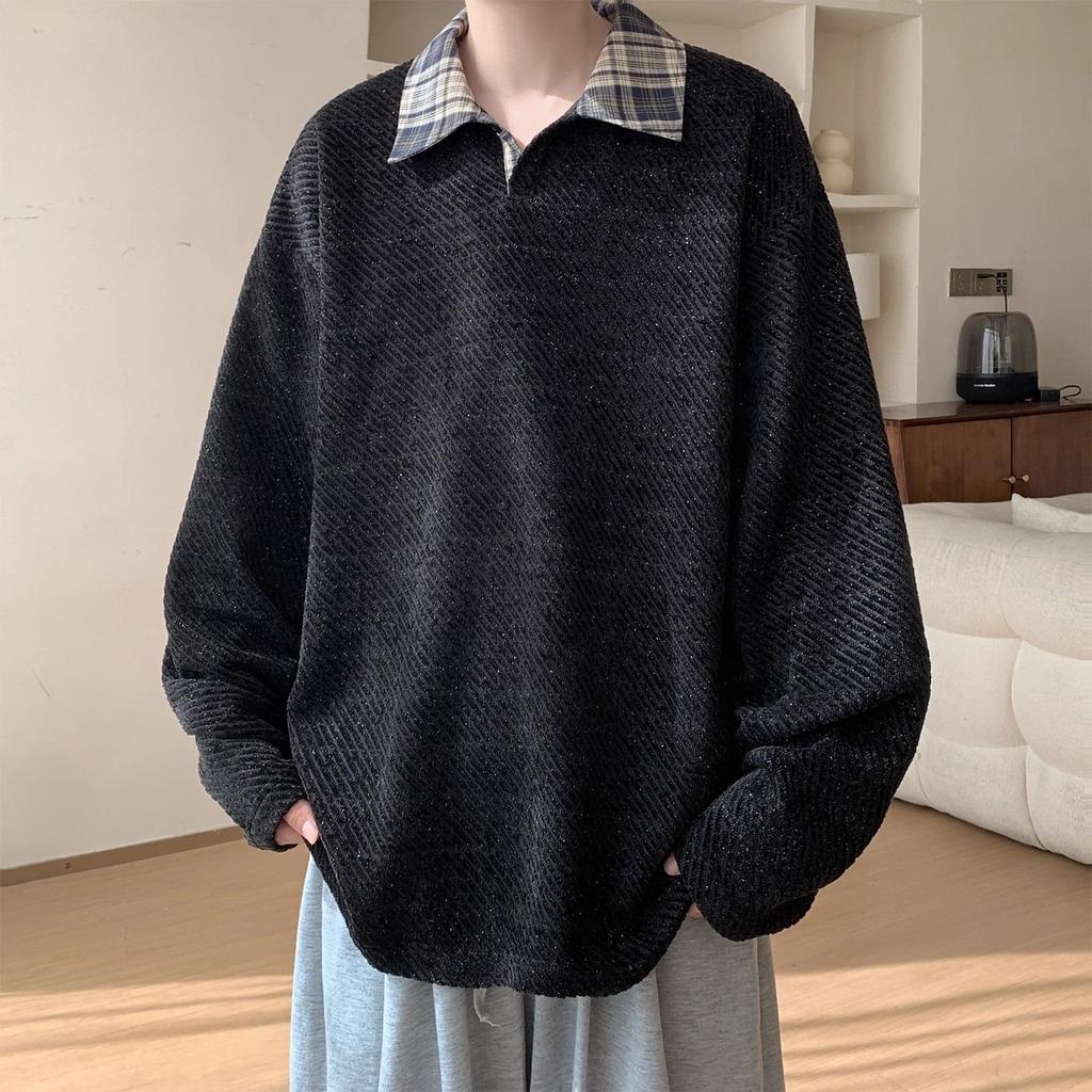 Men's Fake Two-Piece Long-Sleeve Knit Shirt, Loose Plus Size, Lapel Hoodie, American Style, Spring/Autumn 2025.