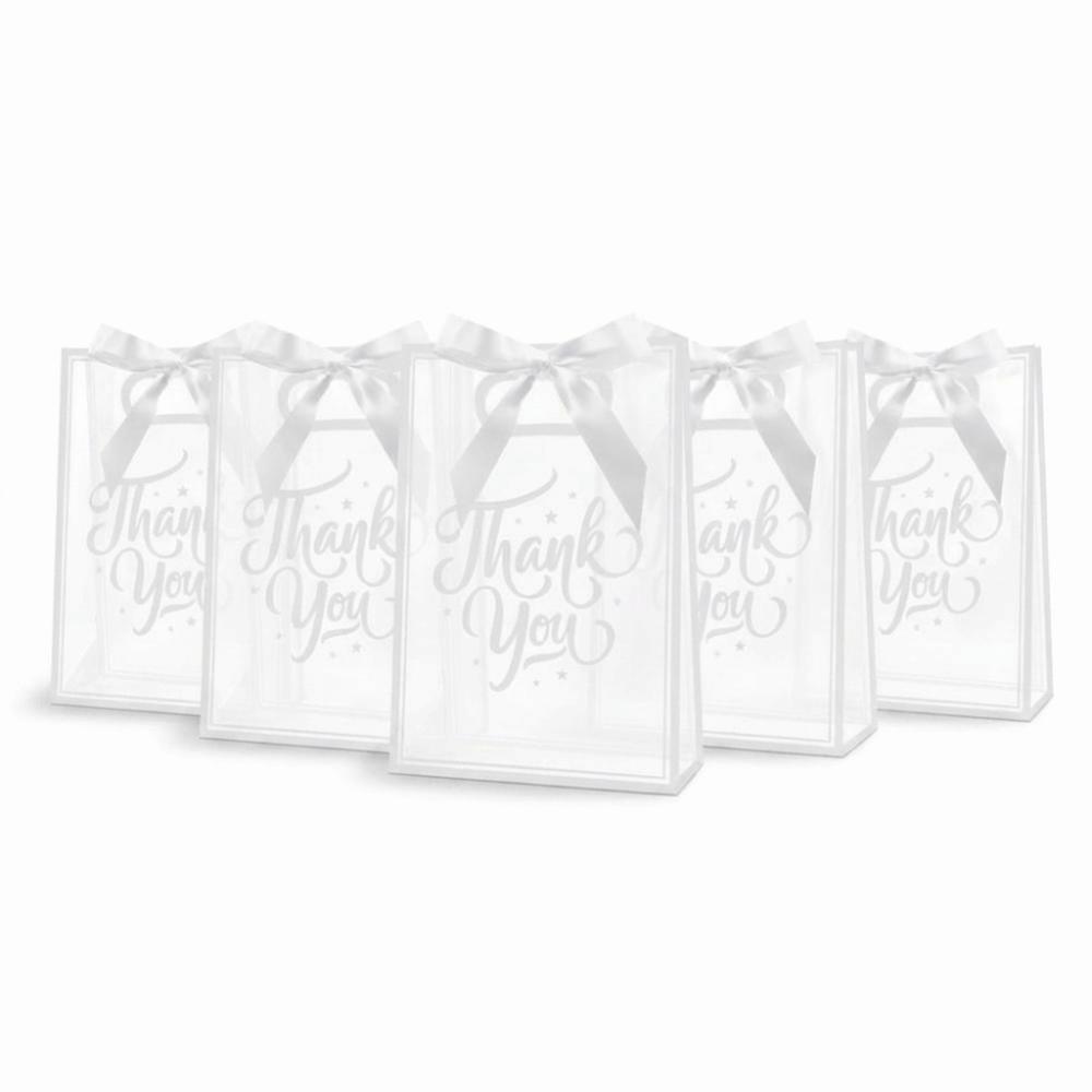 

5Pcs Set Reusable Portable Favor Bag Clear PVC Gift Bag with Ribbon Die Cut Handles Wedding Packaging 26x18x8cm білий
