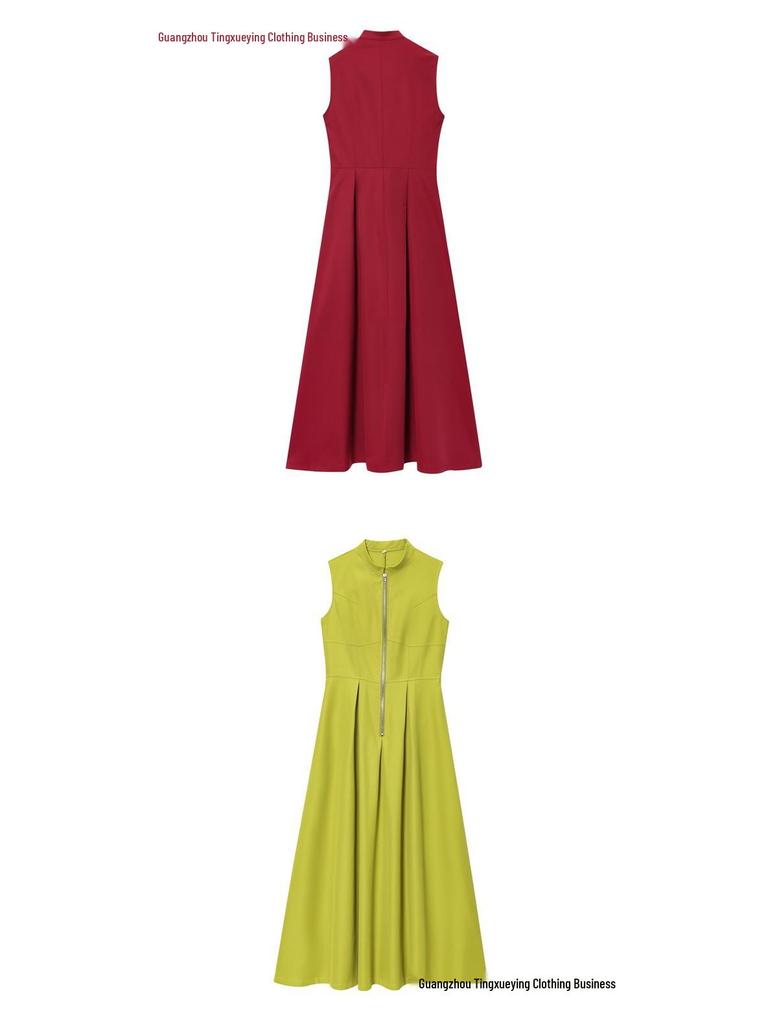 Spring 2026 European & American Style Women's Midi Dress: French Design, Round Neck, Sleeveless, Waist-Cinching, Commuter Chic