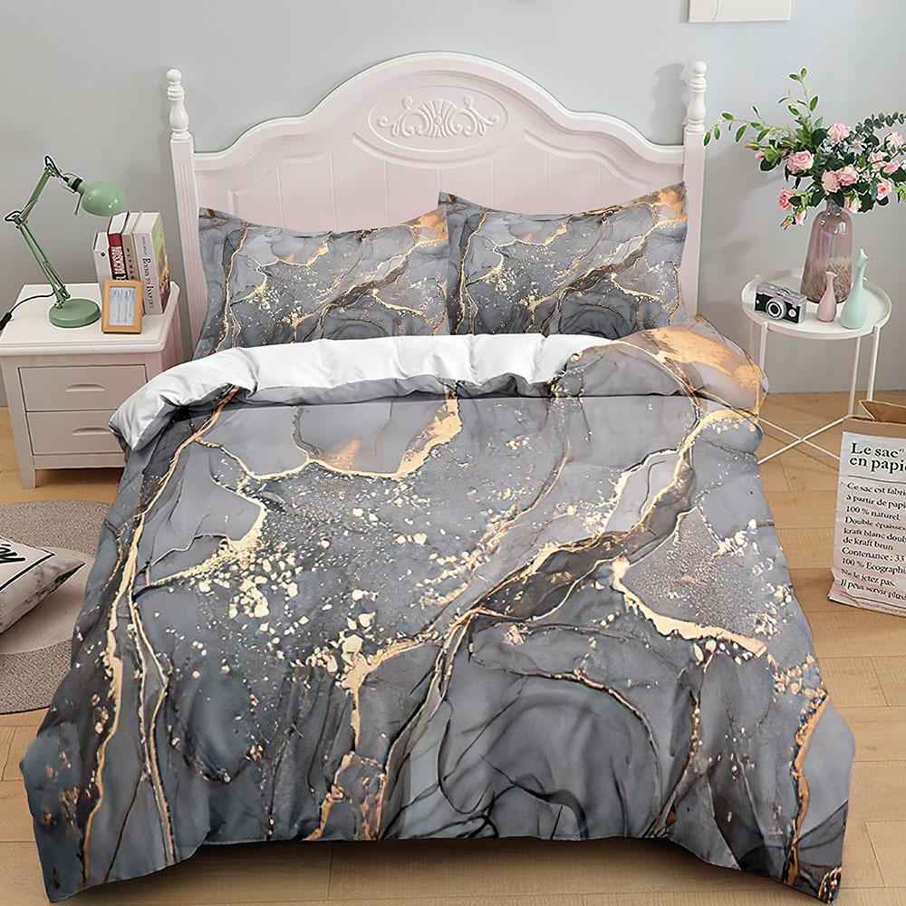 Marble Bedding Set King/Queen Size,Grey Gold Marble Duvet Cover Men Adults Modern Abstract Art Tie Dye Gothic Soft Quilt Cover