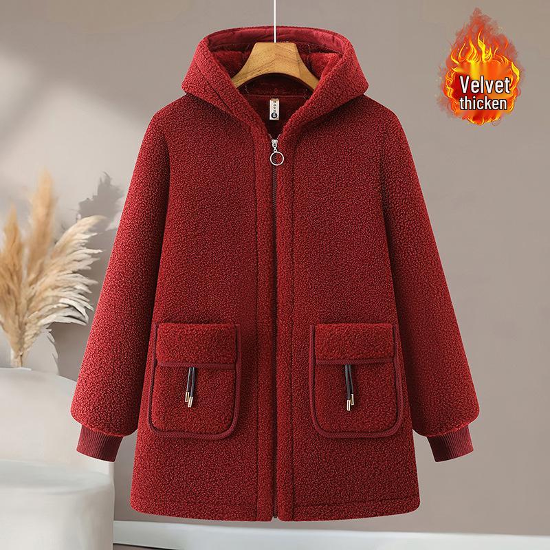 2025 Hooded Mid-Length Woolen Winter Jacket for Women with Plus Size and Thick Velvet Lining