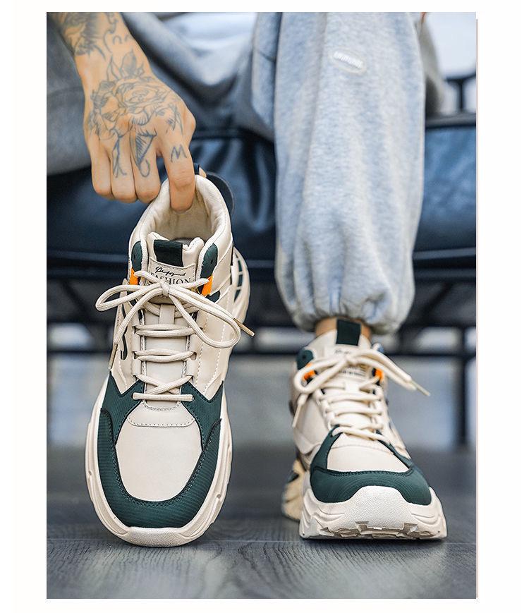 Men's Trendy High-Top White Sneakers - Breathable, Thick-Soled Casual Dad Shoes