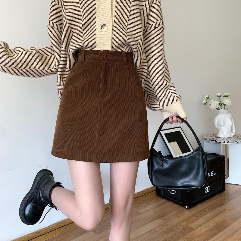 2024 Spring/Summer Retro Corduroy High-Waisted A-Line Midi Mini Hip Wrap Skirt for Women