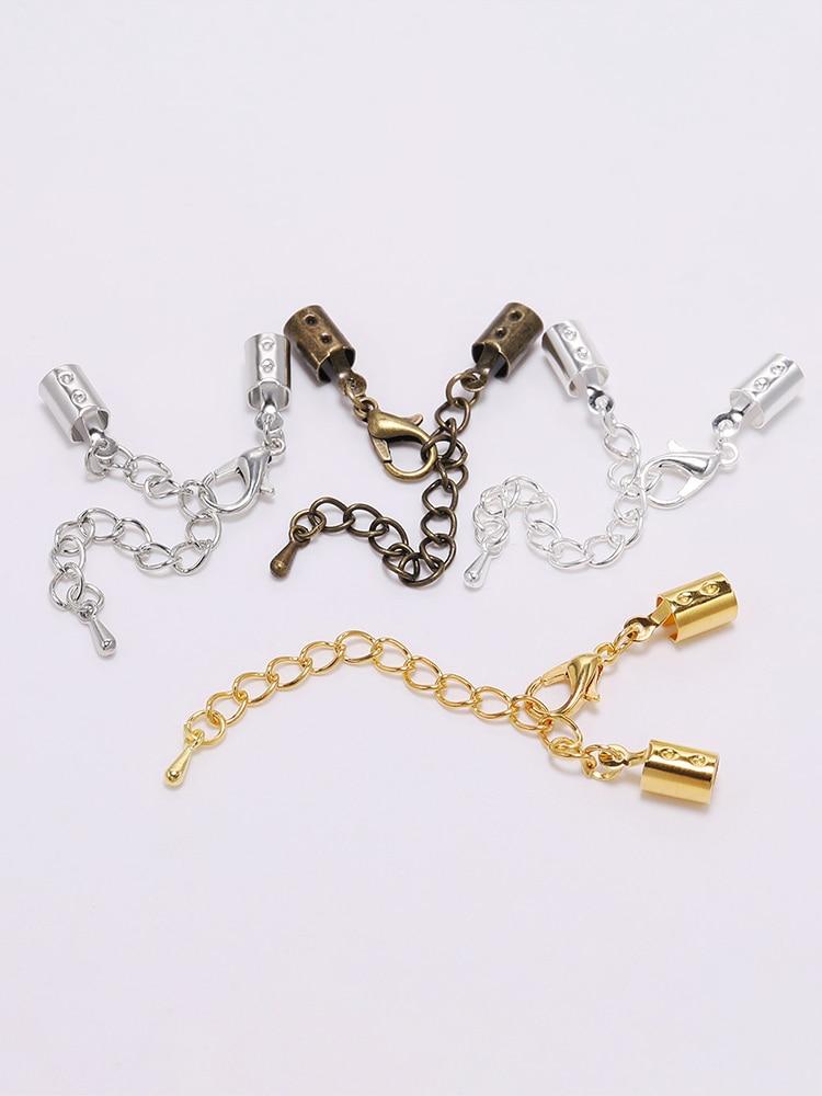 10 Stück/Lot 5 mm goldfarbene Kordelklemmen Endkappen mit Karabinerverschlüssen, passend für runde Kordel-Anschlüsse für DIY-Schmuckherstellung