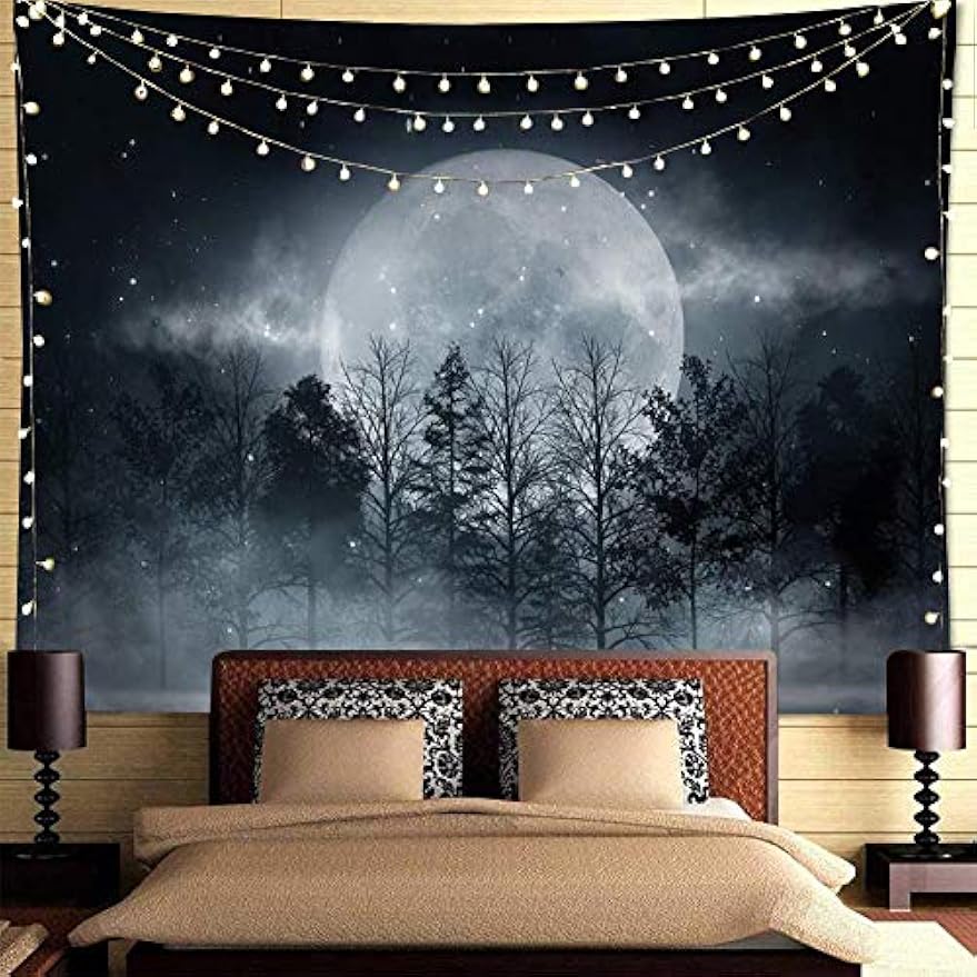Forest Moon Tapestry, Trippy Tapestry Mystic Forest Starry Night Full Moon Blacklight Wall Hanging Tapestry For Bedroom Living R 100X70CM