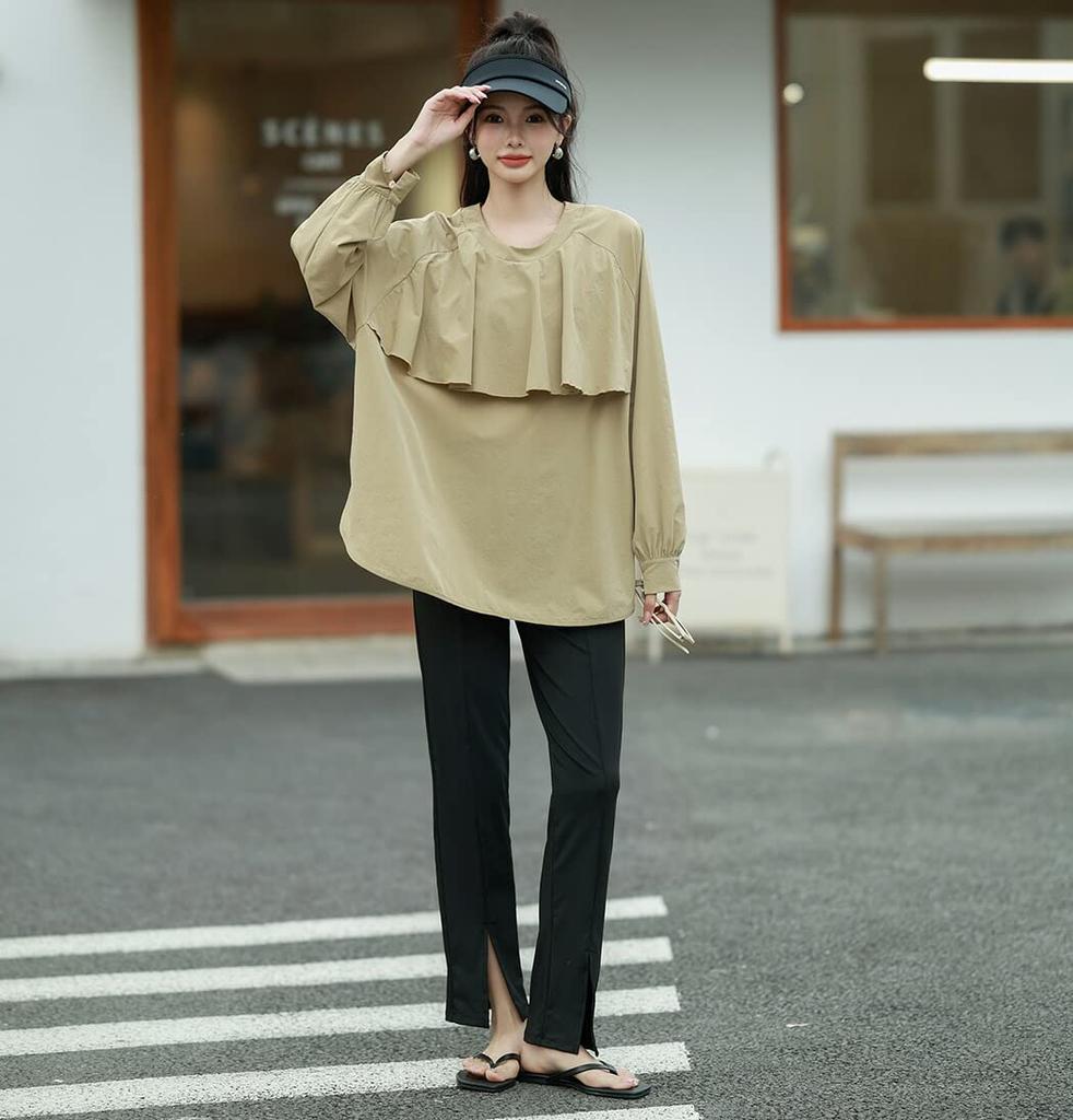 Teddy Long Sleeve Rash Guard with Slit Sun Rashguard029 Women's Leggings, 2-Piece Set, Protection, Amphibious, Lightweight, (L, Beige)