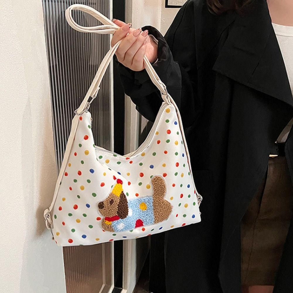 Korean Style Puppy Embroidery Shoulder Bag Y2k Cartoon Handbag Versatile Polka Dot Tote Bag  Travel