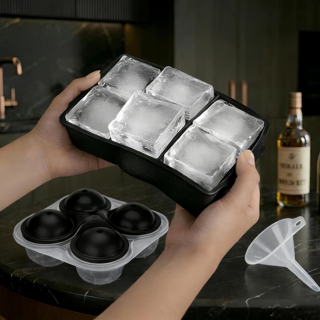 2Pcs Large Silicone Ice Cube Trays, 5cm Square & 6cm Sphere Ice Ball Maker, BPA Free, Easy Release, for Whiskey Cocktails, Black