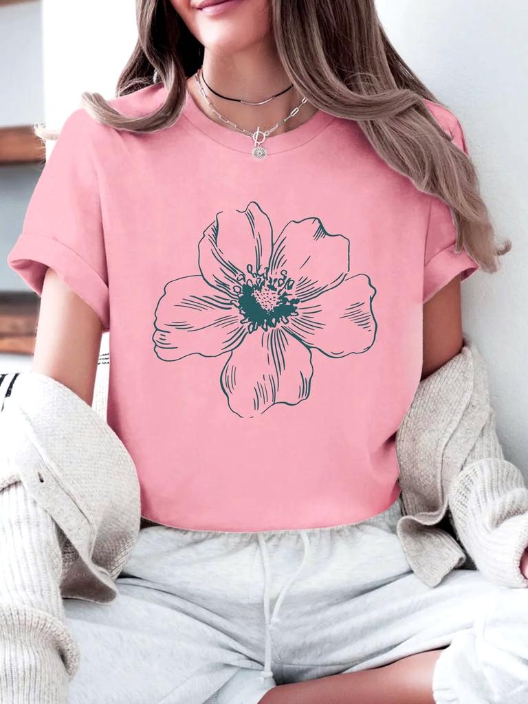 Minimalist Flower Print Tee Artistic Short Sleeve Top Women Casual Crew Neck Top Summer Comfort Wear Clothing