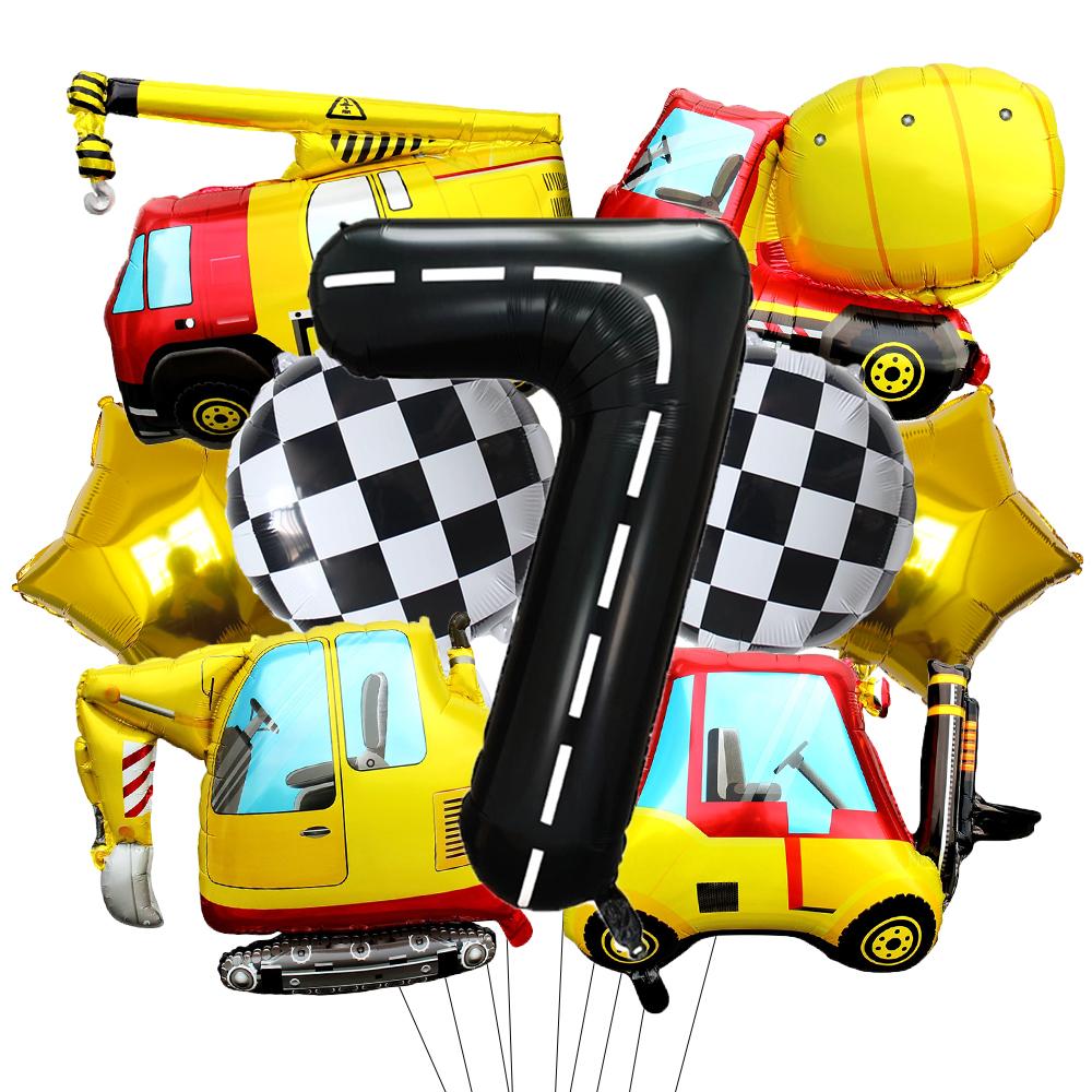 9 Pcs 1set Engineering Theme Foil Balloons With 40Inch Number Birthday Party Ballon Construction Vehicle Tractor Car Balloons