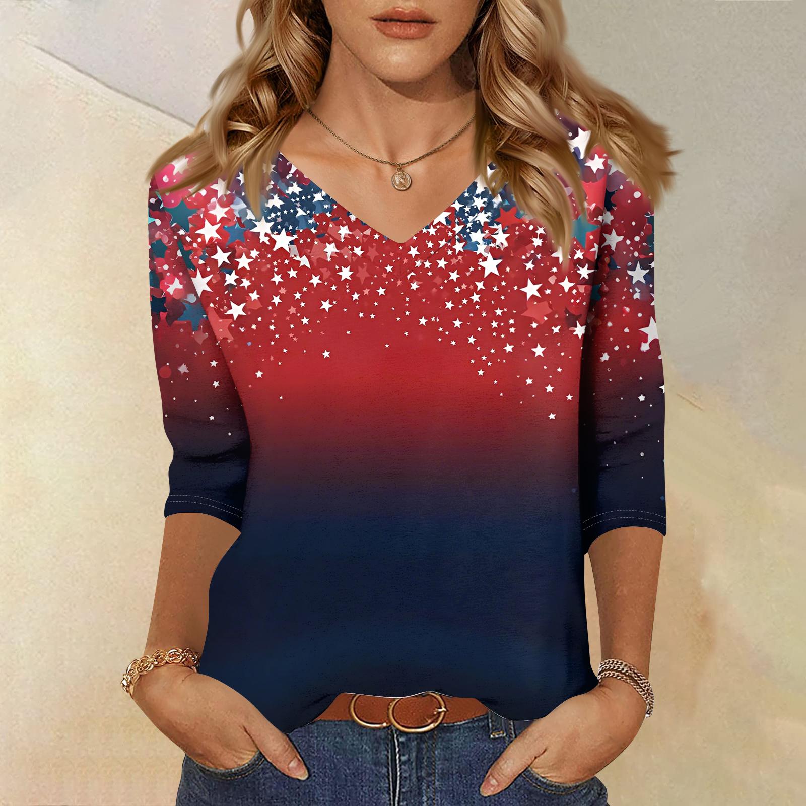 Long Sleeve Shirts for Women Womens Long Sleeve Tops Long Sleeve Tops for Women Womens Long Sleeve T Shirts Butterfly Print Flag V Neck S