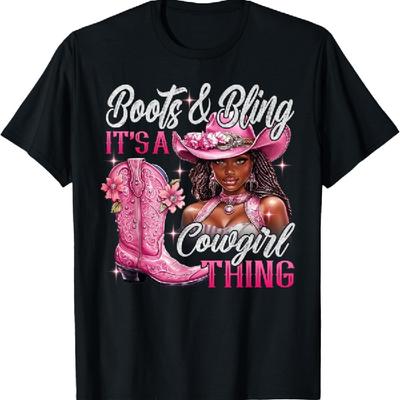 Boots & Bling Its a Cowgirl Thing Pink Black Cowgirl Melanin T-Shirt_1