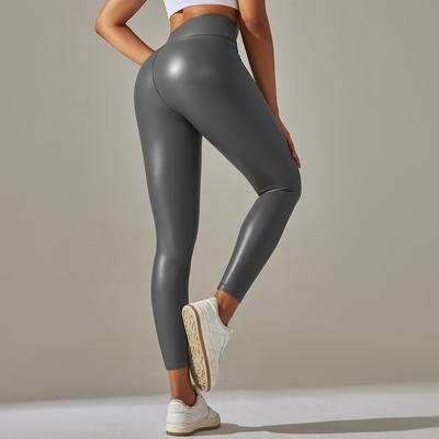 Women Fashion PU Leather High Waist Leggings Solid Color Slim Fit Yoga Pants