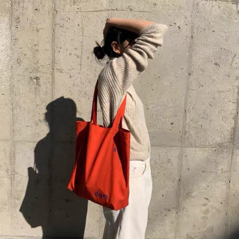 

Unfold niche color letters simple ins cotton canvas bag shoulder bag student bag
