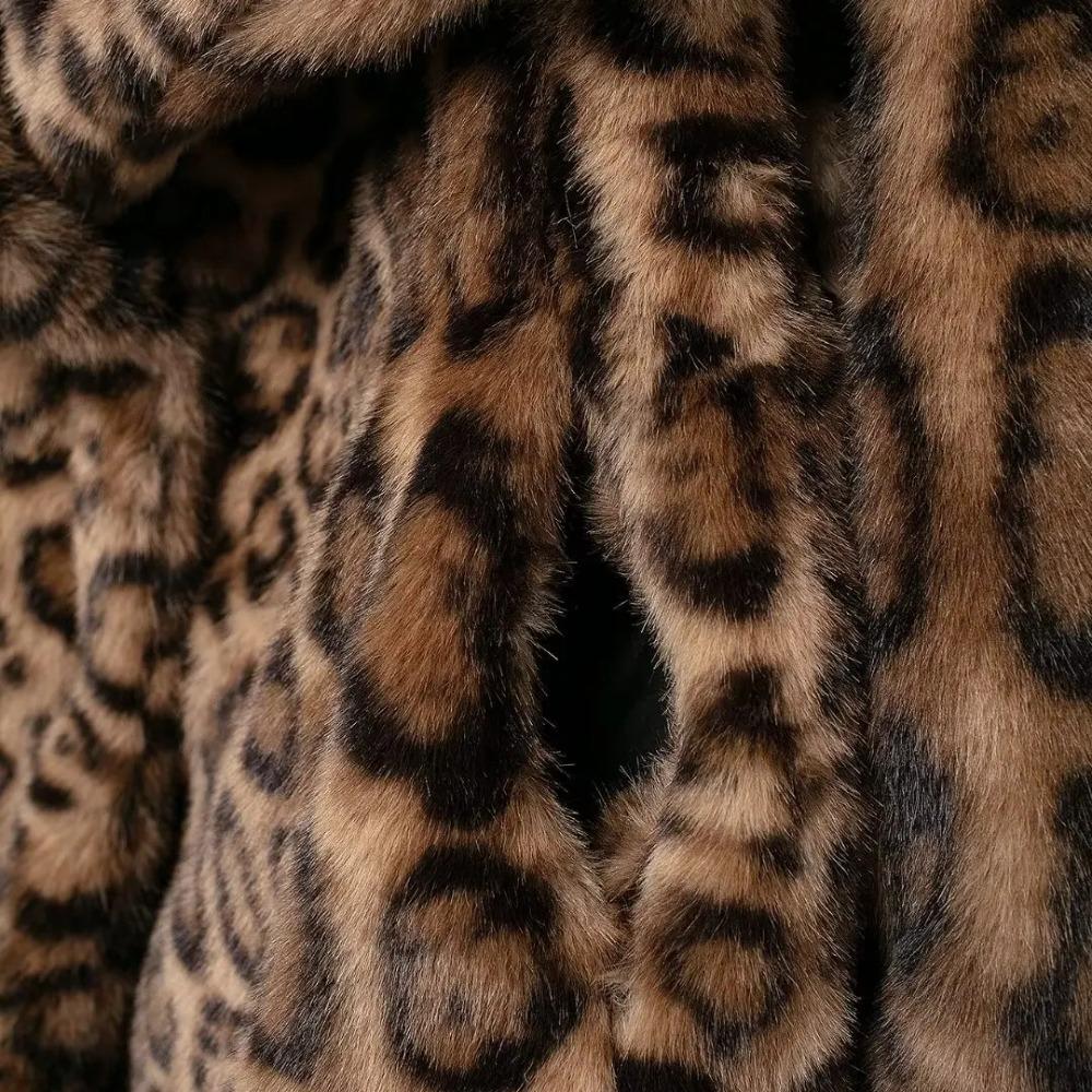 Women Winter Fashion Lazy Style Animal Print Faux Fur Warm Coat All-match Long Sleeve Lapel Coat Outerwear